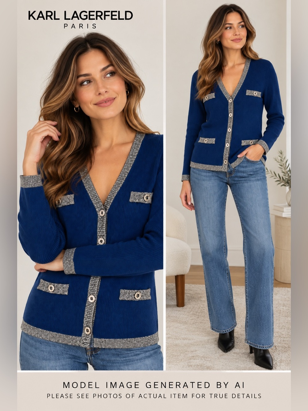 Karl Lagerfeld Paris Ribbed Cardigan Large Trim Preppy Quiet Luxury Knit